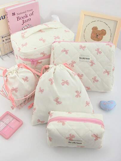 1Pc/Set Cute Pink Bow Pattern Makeup Bag Set With Zipper Portable Handheld Travel Toiletry Bag Soft Foam Quilted Handbag Floral Cosmetic Bag Portable Drawstring Bag Aesthetic Toiletry Travel Organizer Bag For Women And Girls Large Capacity Travel Vintage Makeup Bag Cute School Pencil Case Inner Bag Nail Polish Storage Bag