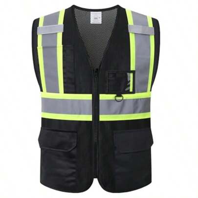 Safety Vest For Men WomenMesh High Visibility Reflective Vest With Multiple Pockets And Zipper Front Meets ANSI/ISEA Standards EK1-178-Black-L