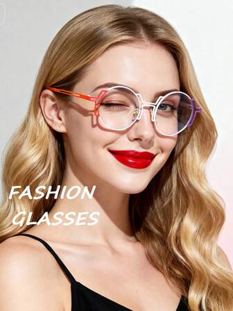 复古圆形小镜框，金属镂空色块拼接透明镜片眼镜，派对眼镜 - 拼接撞色时尚 Y2K 嘻哈风格透明镜片眼镜，可爱俏皮，适合女性拍照道具