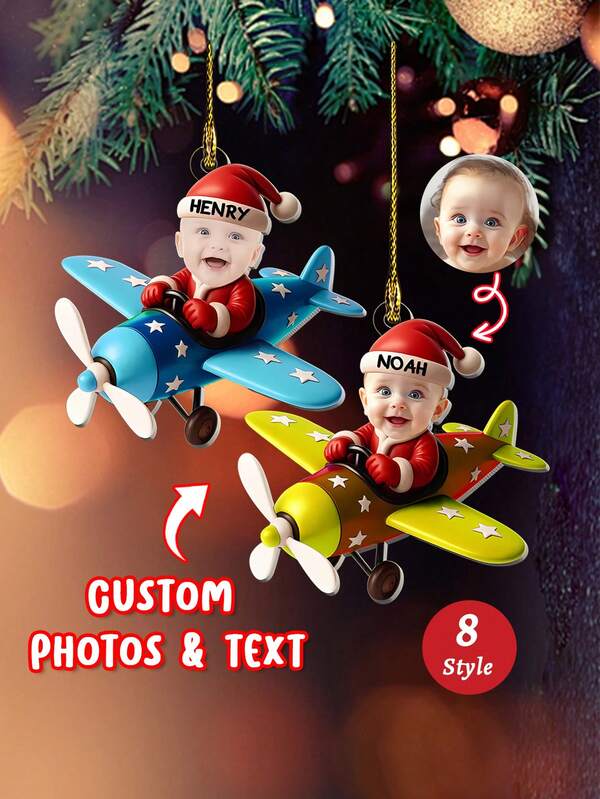 1 pieza Adorno de Navidad personalizado con foto del rostro del niño en un avión, 2025, Adorno personalizado con foto y nombre de bebé piloto, regalo conmemorativo para niños y familias, decoración del árbol de Navidad, regalos personalizados, regalos de Navidad, adornos de Navidad personalizados, decoración navideña