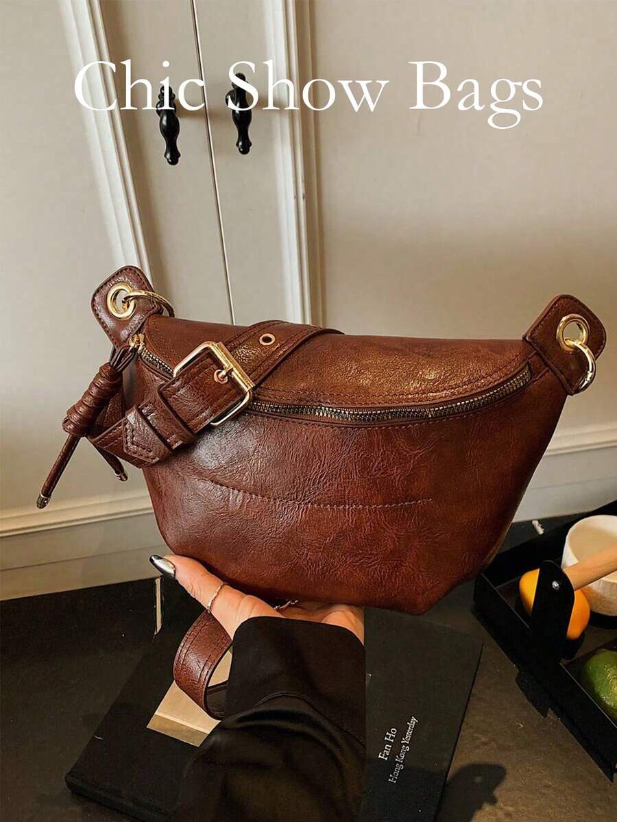 Túi đeo ngực thời trang nữ, chất liệu PU, khóa kéo, túi đựng điện thoại di động, túi đeo hông, màu trơn, kiểu dáng tối giản, túi đeo chéo, thích hợp cho mua sắm, hẹn hò, đi chơi, kích thước nhỏ gọn. - màu nâu - Xem 1