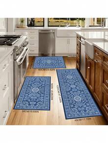 1 pieza Alfombra de área con estampado vintage de flores azules de estilo mediterráneo, adecuada para sala de estar, dormitorio, entrada, cocina, baño, sala de juegos, estudio, lavable a máquina y duradera