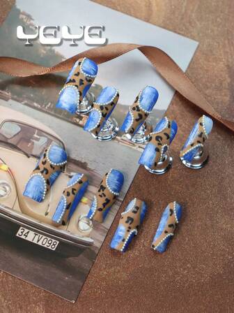 10pcs Press On Nails Y2K Duck,Or Fake Nails Press On Long Square,Fall Winter Season,Two Shape For Choose,Blue & Brown Color,European Style,Handmade,Leopard Print,Silver,Steel Ball Chain,White Paint ,Mordern Rock Design,Fashion Pattern,Junk Punk,Full Cover Acrylic Flare Press On Nails Kit For Girls And Women With 1pc Mini Nail File & 1 Sheet Adhesive Tabs,Suitable For Daily,Party,Music Festival Nail Supplies