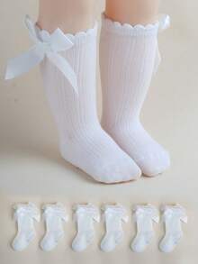6pairs White Big Bow Socks, Lolita Style Breathable Soft Fashion Crew Socks For School Season, Suitable For Little Girls And Babies, Dance - White - View 12