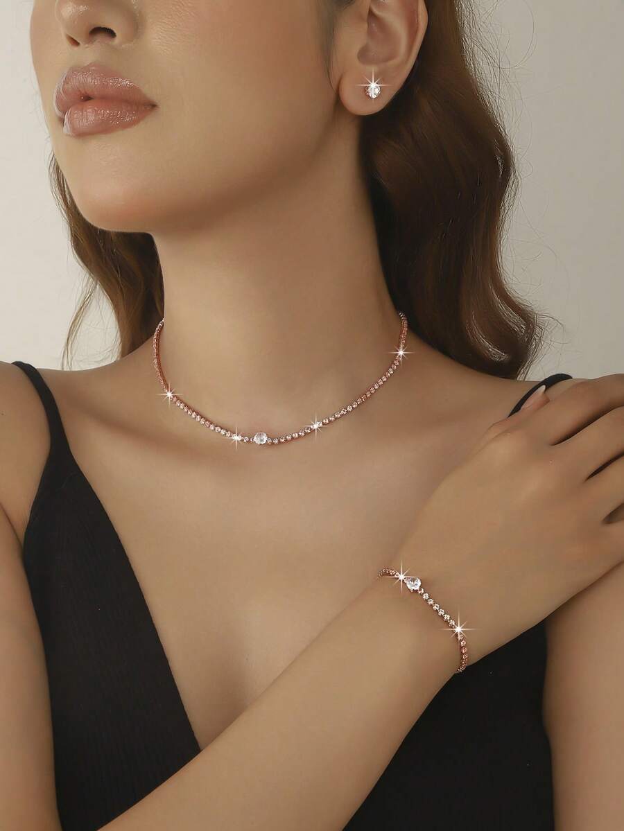 Fashionable Diamond Jewelry/Accessory Set, Including Diamond Necklace, Earrings, Bracelet - Suitable For Women's Daily Wear, Weddings, Parties, Halloween And Other Occasions