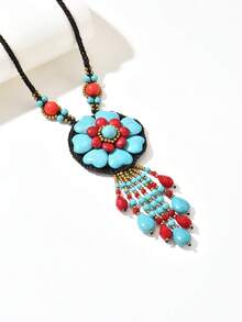 1件优雅性感波西米亚风铃铛吊坠，宝石水滴形珠子，仿绿松石珠子，金色米珠DIY手工花朵流苏吊坠，不对称几何波浪圆环吊坠配彩色亚克力板，金色链条流苏吊坠长项链，新款红宝石吊坠长项链，女士秋冬毛衣项链，适合日常、派对、度假佩戴 - 彩色 - 查看 4