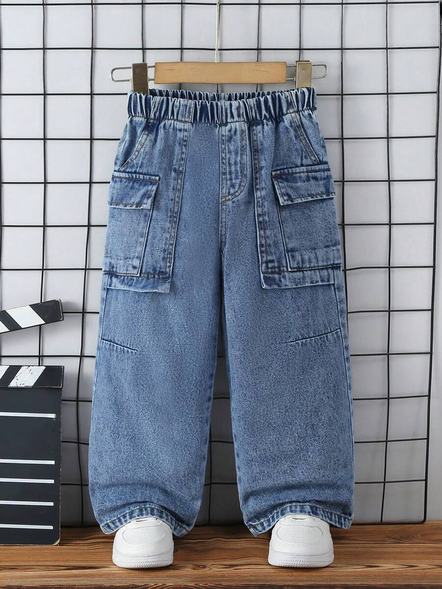 1pc Boys' Fashionable Minimalist Mid-Blue Straight Wide-Leg Jeans, New Autumn/Winter