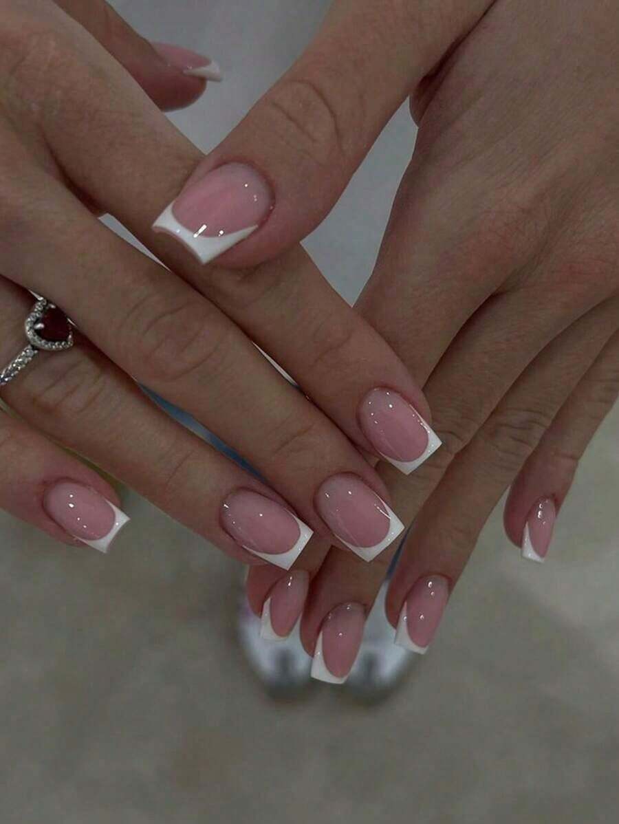 24Pcs Upgrade Your Look Immediately Medium Square Shaped Press On Nails-Bare French Pink And White Finger Nails, Press On Nails Set Including 1 Piece Of Glue And 1 Piece Of Nail File, Summer Nails Suitable For Women And Girls Daily Wear At Parties And Dances Nail Supplies Nails - Follow Your Heart - 查看 1