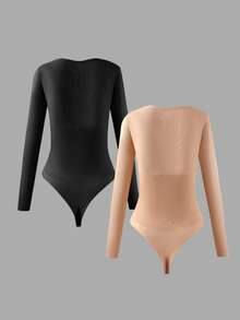 2pcs Women Square Neck Long Sleeve Bodysuit Set - Nhiều màu - Xem 2