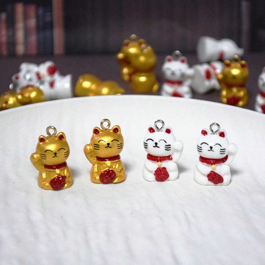 10 件可爱 3D 招财猫树脂吊坠,幸运铃铛猫动物饰物,适合 DIY 项链、手链、耳环、钥匙扣首饰制作 - 彩色 - 查看 1