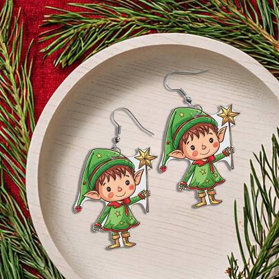 1 Pair Cute Christmas Elf Earrings, Cartoon 2D Funny Design, Suitable For Christmas Wear