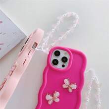 1个糖果波浪形光滑奢华水晶蝴蝶手机壳+蝴蝶腕带，兼容 12/13 Pro Max/Note 11 4G/Galaxy A55/Note 30/Moto E30，全包防震保护套，3D花卉装饰，珍珠点缀，简约设计，适合日常使用和户外携带，完美保护您的手机 - 玫紅 - 查看 3
