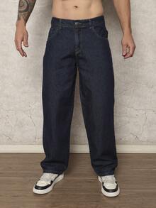 29 Black Casual Loose Wide Leg Denim Pants With Pockets Urban Style For Men, Suitable As Gift For Husband, Boyfriend - 藏蓝色 - 查看 6