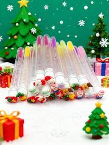 1/3/5/7/10支装哑光磨砂圣诞卡通图案睫毛刷眉刷便携管状化妆刷套装，带透明收纳盒，图案包括雪花、雪人、拐杖糖、驯鹿、铃铛等，可用于眉刷、眼影刷等。 - 彩色 - 查看 2