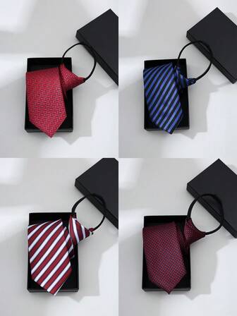 1pc Men's Knot Free Zipper Striped Pattern Tie, Suitable For Groom, Wedding, Formal, Business Lazy Shirt Tie
