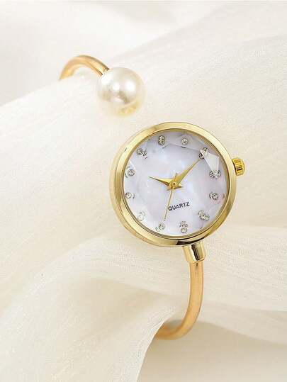 1 Stück Damen zarte Armbanduhr mit 1 großen Perle, diamantgeschliffenes Zifferblatt, minimalistisches Quarzwerk, elegante, modische, minimalistische Luxus-Quarzuhr