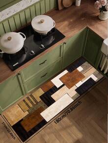 1pc Silica Gel Kitchen Floor Mat With Geometric Pattern. The Mat Features Various Colored And Shaped Geometric Forms Like Squares, Combined Through Arrangement To Create A Modern, Decorative Artistic Design. The Surface Is Fabric Material, The Middle Is Water-Absorbent Sponge, And The Bottom Is Rubber That Is Easy To Clean, Approximately 3mm Thick.