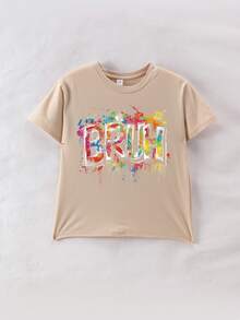 男童休闲简约标语印花圆领短袖T恤，新款夏季男童服装 - 杏色 - 查看 2