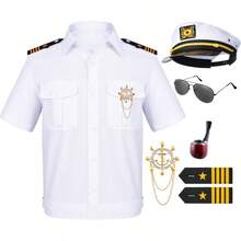 6PCS Men's Yacht Captain Sailor Costume Adult Shirt Hat Accessories Set Party Cosplay - 加大尺寸+白色 - 查看 2