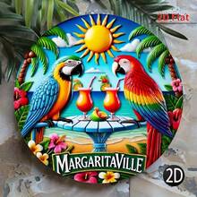 2D Printed - 1pc, Round Metal Plaque, Round Metal Plaque With Parrot Holiday Theme - Vintage Coastal Home And Kitchen Wall Art, Perfect For Cafe, Patio Or Backyard Decor, Pre-Drilled Holes, Style As Shown In Size Chart.
