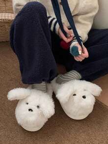 女士冬季室内拖鞋，可爱狗狗图案，防滑，保暖，厚实柔软的鞋底 - 白色 - 查看 2