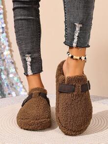 Zapatos planos de mujer con flecos, hebilla y decoración, de punta redonda, versátiles de moda, de tipo mule, para otoño/invierno, con forro de piel - Marrón - Ver 4