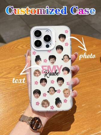 1 pieza Funda de teléfono con retrato personalizable de mascota/bebé/miembro de la familia, nombre personalizable en inglés de pila y apellido, patrón floral rosa, uso diario lindo y fresco, funda de teléfono mate antichoque IMD compatible con iPhone 17, 16 PLUS, 11, 13 Pro Max, 12, 15 Pro Max, 14
