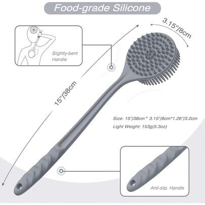 Long Handle Silicone Back Scrubber For Shower – Soft Bath Brush For Body & Back Cleaning, Non- Grip, Easy Reach For Adults & Seniors, Premium Bathroom Accessory