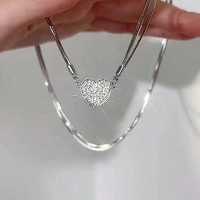 1pc Elegant Cubic Zirconia Heart Magnetic Pendant Necklace, Suitable For Daily Wear, Christmas Gift And Holiday Jewelry