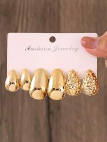 18-6pcs Punk CCB Water Drop Dangle Earrings, Asymmetrical Print C-Shape & Twisted Hoop Earrings Set, Exquisite Daily Wear Holiday Gift - Gold - View 8