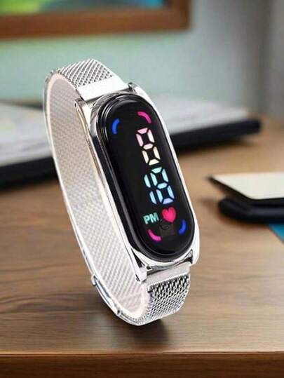 1 pieza Reloj digital deportivo con pantalla LED magnética y puntero ovalado, con correa de malla de acero inoxidable