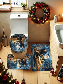 Christmas Decorations1/3/4pcs Santa Claus In The Snowy Forest Shower Curtain Bathroom Set,Poinsettia Reindeer Print Waterproof And Wear-Resistant Accessories,With 12 Hooks - Includes Toilet Seat Cover, Bath Mats, And Rugs Polyester Fabric - Washable - Perfect For Holiday Decor,Home/Bedroom/House/Western/Winter Decor