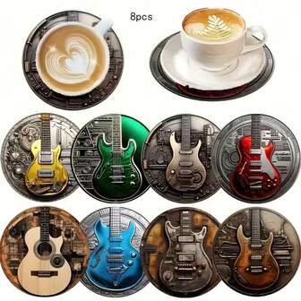 8 件摇滚吉他主题杯垫，木制杯垫套装，茶杯垫，咖啡杯垫，饮料杯垫，隔热垫，适合家庭和餐厅装饰，也适合收藏，1 套 8 件