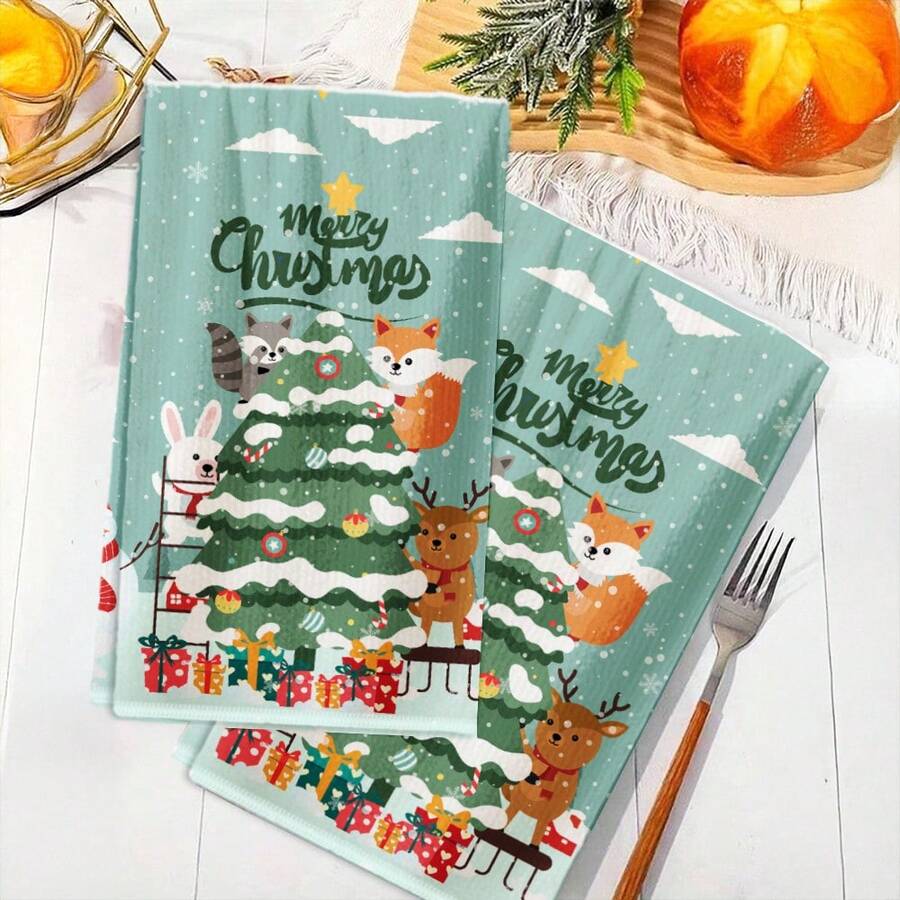 2PCS Christmas Kitchen Towels Merry Christmas Tree Animals Decorations Multifunctional Towels, Contemporary Style, Highly Absorbent,, Suitable For, Outdoor, Picnic, Hotel, Winter Decor Gift