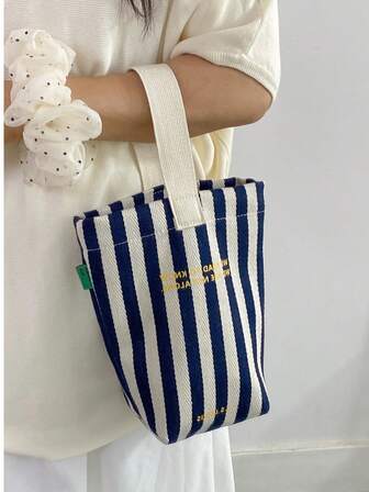 Fashionable Striped Women's Small Handbag, Casual Canvas Small Bag, Lightweight Foldable Small Square Bag, Black Letter Personalized Design, Can Hold Keys, Water Bottle, Phone And Personal Items, Suitable For Outings, Walking, And Carrying Pets