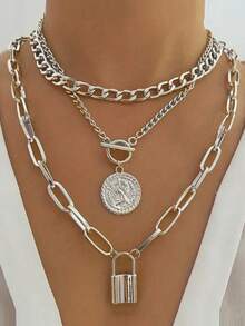3pcs/Set Fashionable Retro Metal Chain Coin Badge, Lock Pendant Necklace Set For Women, Daily, Business, Casual, Party, Gift For Friends, Holiday & Birthday
