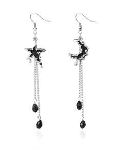 1 Pair Gothic Ramadan Design Black Star Moon Lava Crystal Tassel Dangle Earrings, Suitable For Daily, Party, Festival Wear, Women Gift