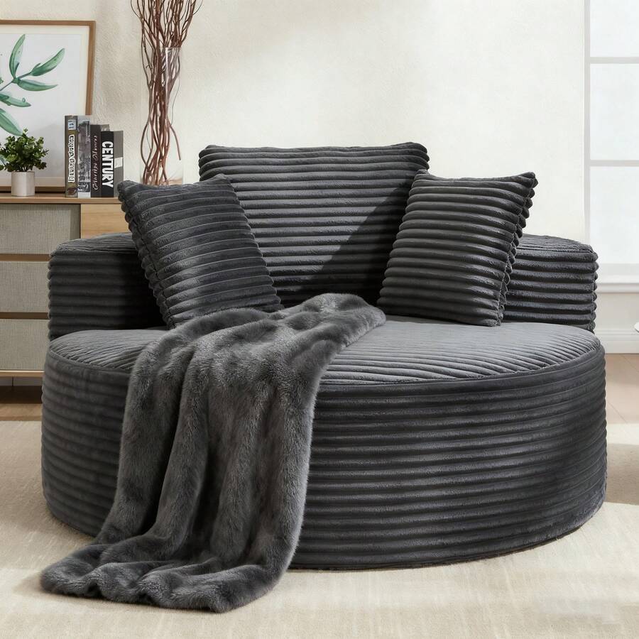1PC 56"W Round Velvet Sofa Bed, 2-In-1 Memory Foam Couch With Spring & 3 Pillows, Medium Soft, No Assembly For Living Room & Small Spaces Dark Grey  - Màu xám đen - Xem 1