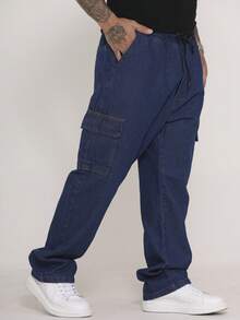 Men's Cargo Pants Wide Leg Jeans With Side Pockets Streetwear - Dark Wash - View 6