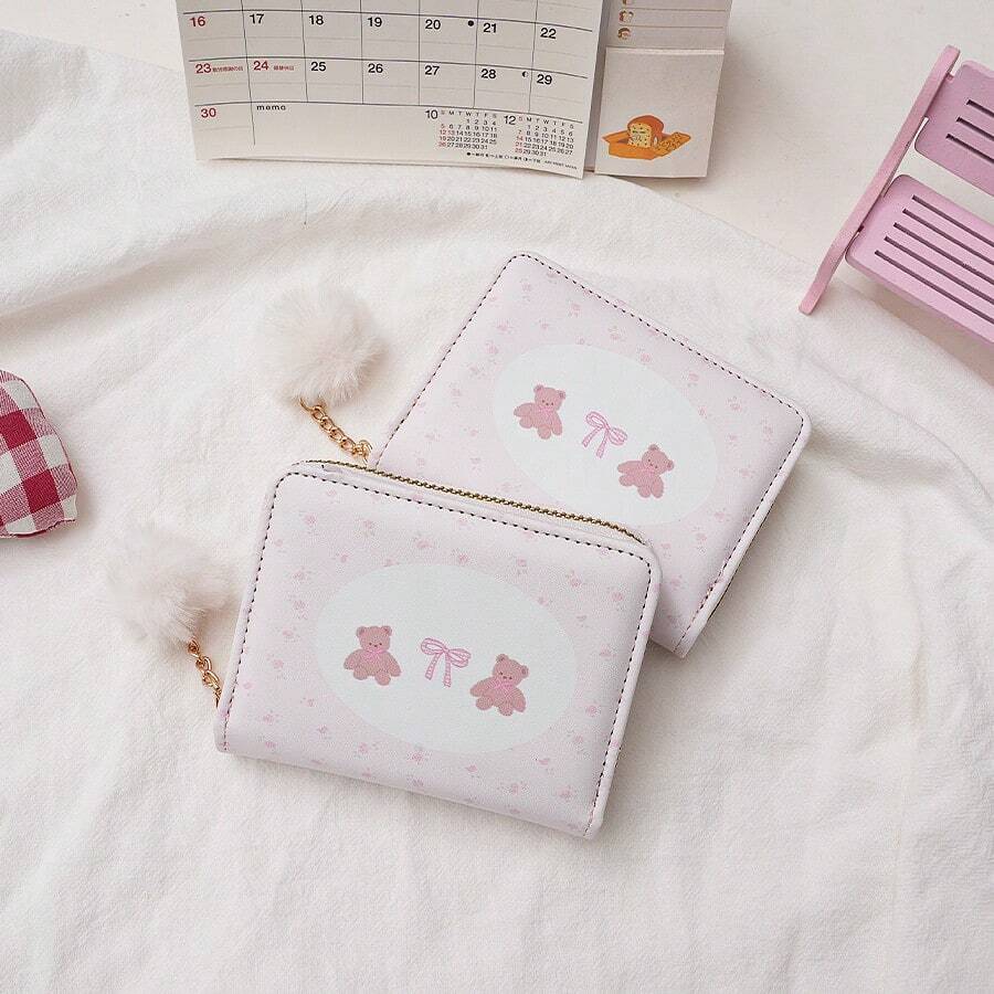 Ví gấp đôi ngắn thiết kế hình thỏ dễ thương mới dành cho nữ có ngăn đựng tiền xu và khe cắm thẻ có khóa kéo dành cho nữ Ví mini Ví nhỏ Ví dễ thương Ví đựng thẻ Ví đựng tiền xu Túi đựng chìa khóa Dây đeo chìa khóa - Màu Hồng baby - Xem 1