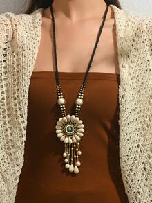 1 件优雅性感波西米亚风铃铛、宝石、泪珠、绿松石珠、金籽珠 DIY 手工花流苏吊坠、不对称几何波浪圆形吊坠配彩色亚克力板、金链流苏吊坠长项链、新款红宝石吊坠长项链、女士秋冬毛衣项链，适合日常、派对、度假穿着 - 彩色 - 查看 6