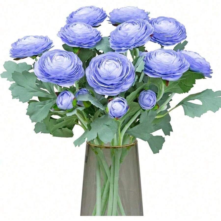 Artificial Ranunculus Flowers With Real Touch Stem, Silk Ranunculus Flowers(10 Pack) (White)-KF - Blue - View 1