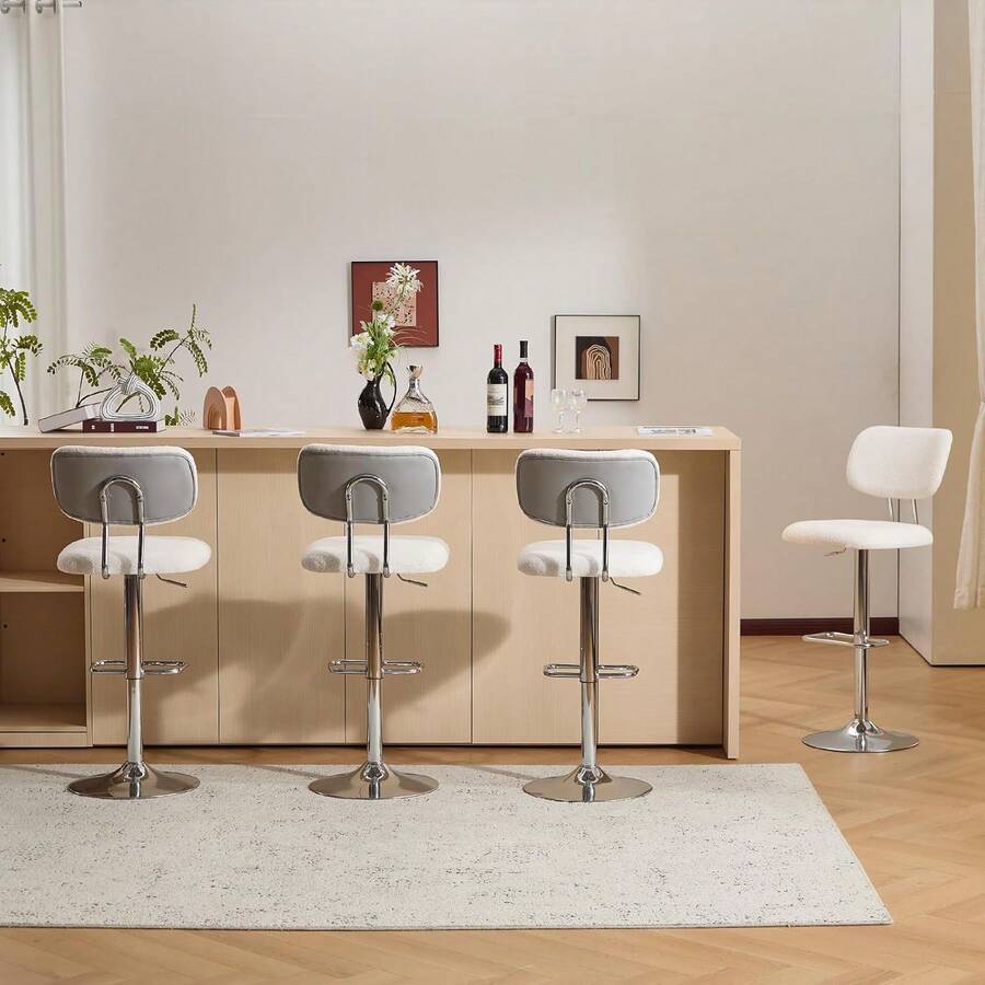 Adjustable Bar Stools Set Of 4, Modern Teddy Velvet Swivel Barstools With Curved Back, Stylish Armless Counter Height Bar Stools Bar Chairs For Kitchen Island, Bar, Grey,24313699 - 灰色 - 查看 1