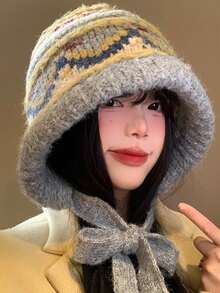 1 件女式拼色针织帽，保暖防风，厚实保暖内衬，户外护耳设计，休闲风格，可水洗，秋冬佳品 - MM2535 - 查看 4