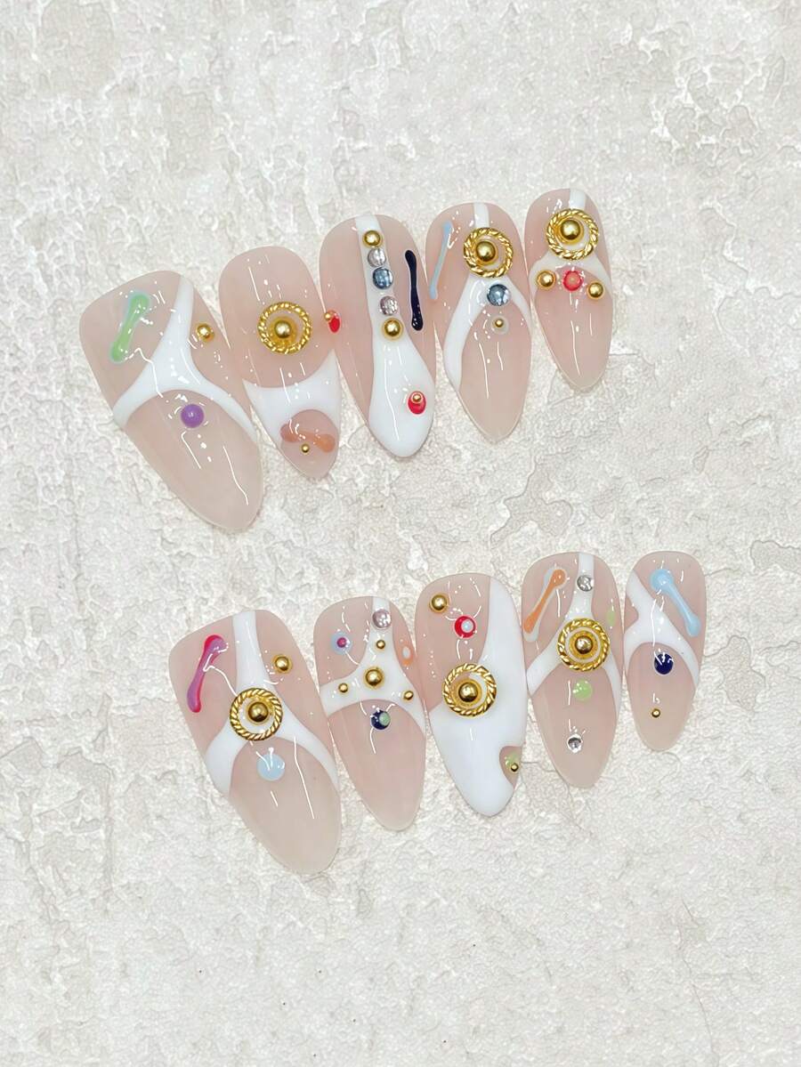 10 piezas de pegatinas de uñas de arte minimalista de dopamina! Dibujos de líneas blancas con forma de almendra con acentos decorativos de colores, diseño sofisticado adecuado para salidas, citas, fiestas, regalos. Reutilizable, para mujeres embarazadas y niños. Incluye 1 pieza de lima de uñas mini