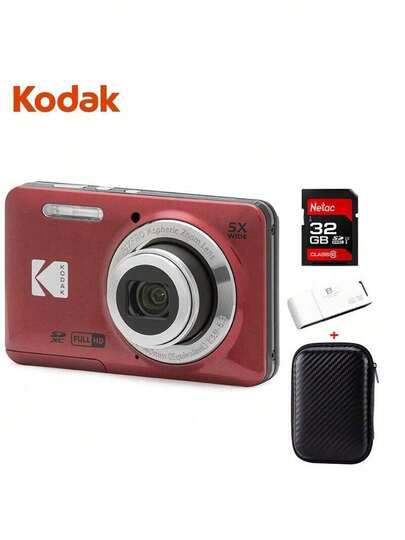 Kodak FZ55 Multi-Function Camera, 1080P HD, 16.35 Million Pixels, 5x Optical Zoom, 28mm Wide-Angle Lens, 2.7-Inch Screen, 14 Scene Modes, Compact Body, Red Packaging