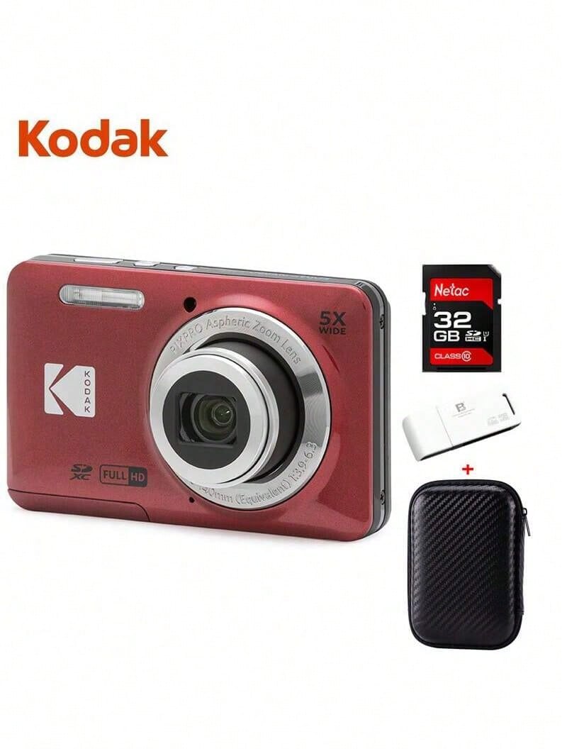 Kodak FZ55 Multi-Function Camera, 1080P HD, 16.35 Million Pixels, 5x Optical Zoom, 28mm Wide-Angle Lens, 2.7-Inch Screen, 14 Scene Modes, Compact Body, Red Packaging - Red Suit - View 1