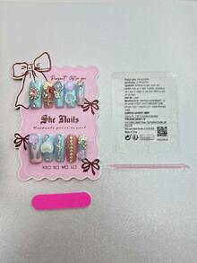 10pcs Glossy Y2K French Western Ocean Nail Art, Pink Nails, Red Nails, Light Blue Nails, Shiny Nails, 3D Handmade Starfish & Shell Decor, 3D Hand-Painted Wavy 3D Colorful Carved Rectangle Acrylic Nails, Perfect For Bikini Beach Matching. - 彩色 - 查看 7
