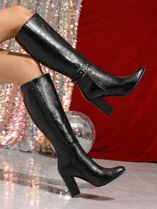女士过膝靴，侧拉链高筒靴，户外通勤，简约百搭，秋冬粗跟高筒靴，圆头时尚扣马靴，不过膝高筒靴，黑色高跟女靴 - 黑色 - 查看 2