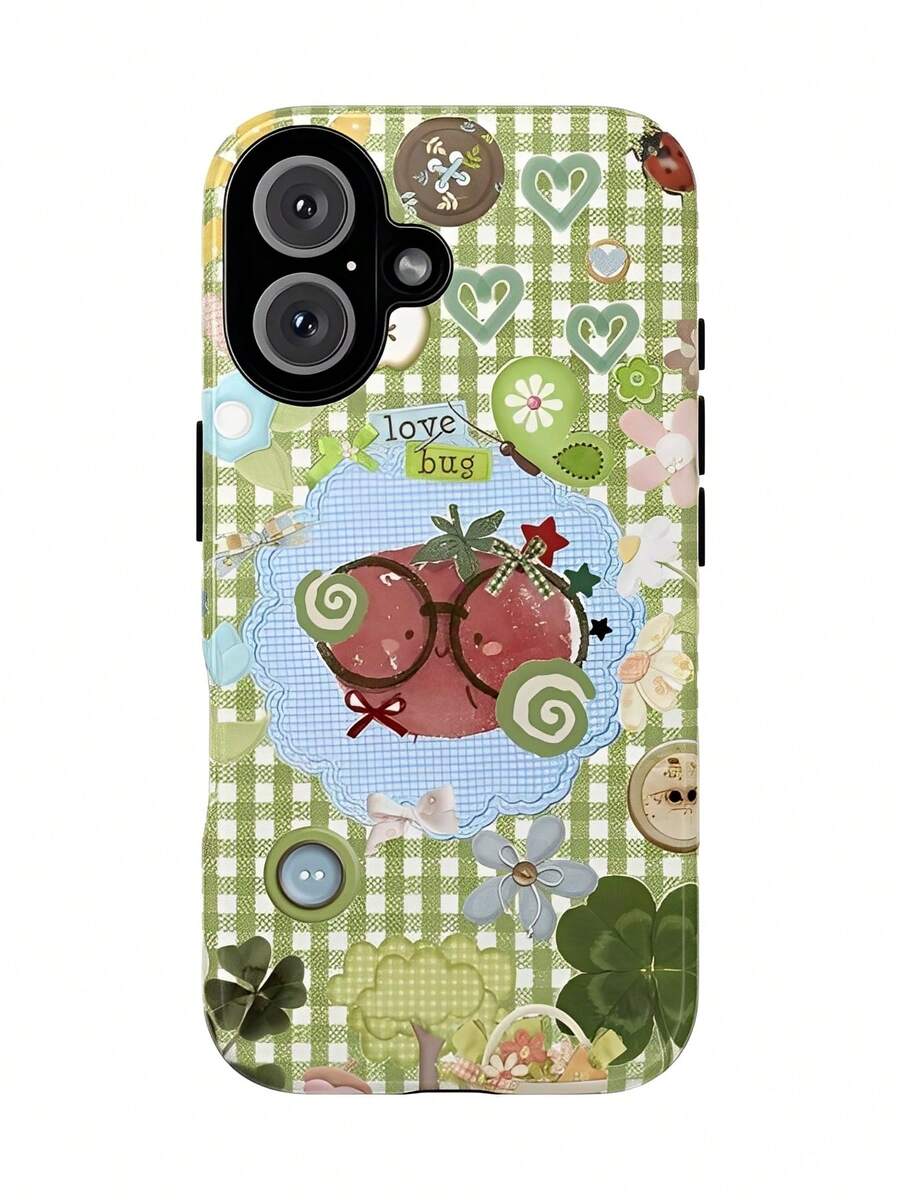 Cute Green Plaid Patchwork Caterpillar Ladybug Strawberry Aesthetic Two-In-One Mobile Phone Protective Case, Suitable For Compatible With Phone17,17air,16, 15, 14, 13, 12, 11, PRO MAX, X,XS,PLUS, As Well As, Galaxy S21/22/23/24/25 Ultra/FE+, NOTE20 Ultra,A71/56/55/54/53/52/36/34/26/25/23/16/15/14/13/06, Is A Thoughtful Birthday Gift For Girlfriend, Boyfriend And Friends - Nhiều màu - Xem 1